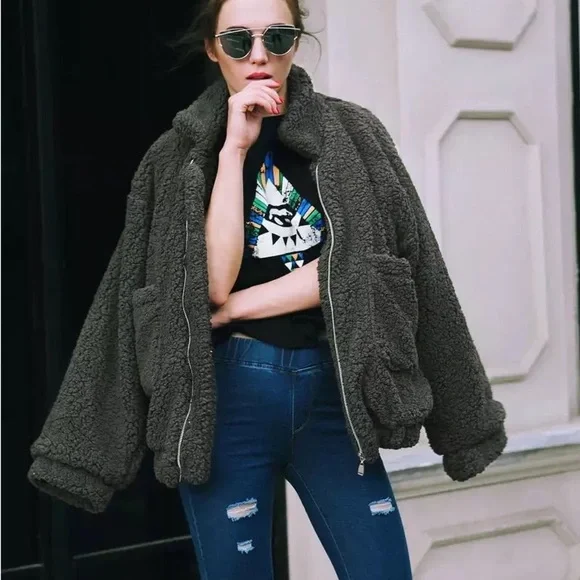 Plush teddy print teddy coat jacket faux fur coat